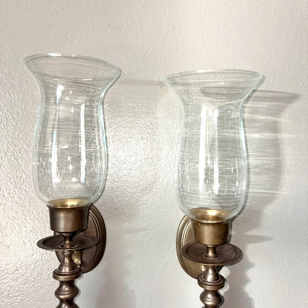 Pair of Vtg Antique Brass Hurricane Wall Sconces with Clear Glass Shades 18in